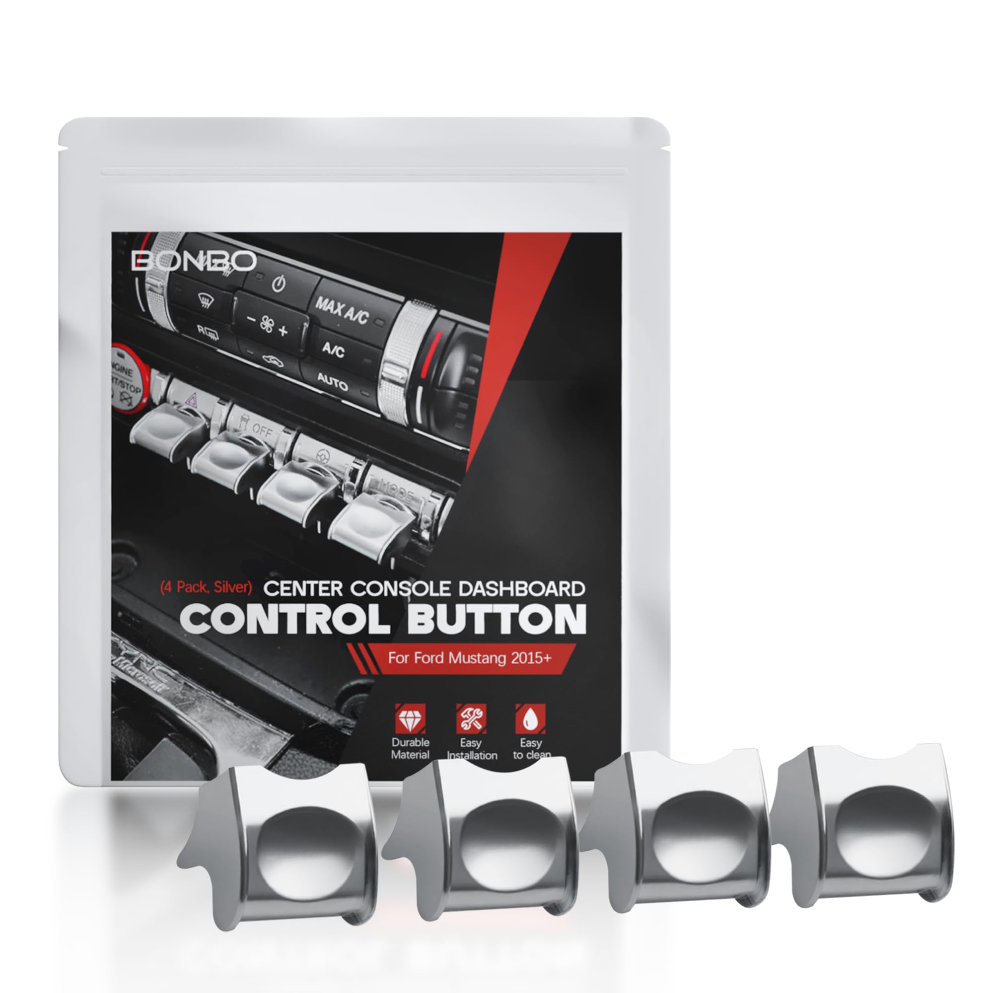 Center Console Dashboard Control Button Cover Trim Interior Accessories for Ford Mustang 2015-2022(4 Pack, Red)