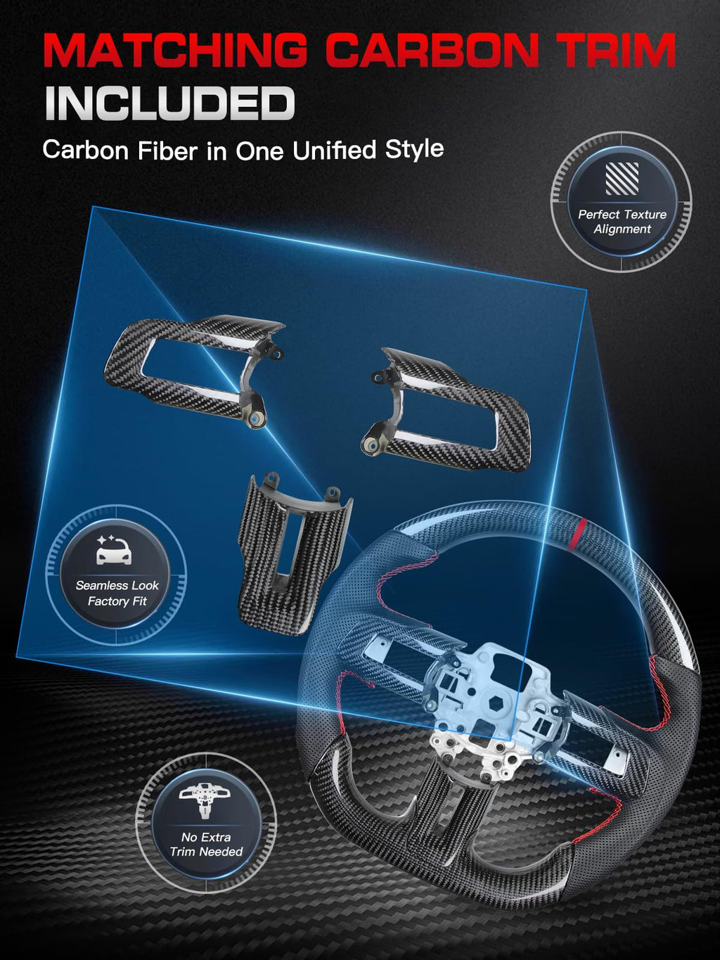 Carbon-Fiber Steering Wheel for Ford Mustang 2018–2023, Matching Decorative Trim Piece, Flat-Bottom, Black Nappa Leather with Red Stripe & Red Hand-Stitching, for EcoBoost/GT/GT350/GT350R