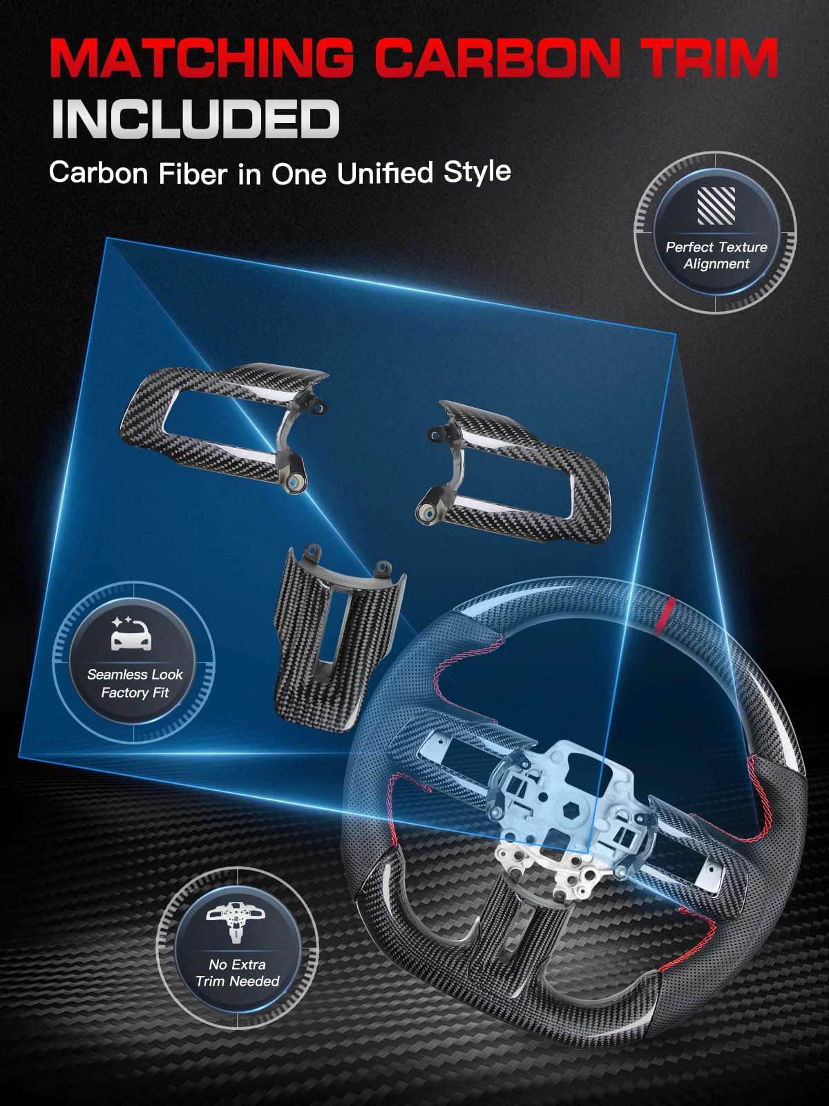 Carbon-Fiber Steering Wheel for Ford Mustang 2018–2023, Matching Decorative Trim Piece, Flat-Bottom, Black Nappa Leather with Red Stripe & Red Hand-Stitching, for EcoBoost/GT/GT350/GT350R