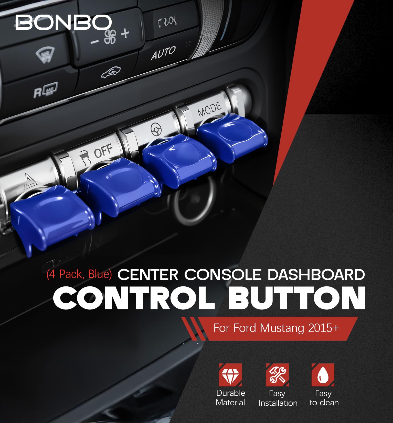 Center Console Dashboard Control Button Cover Trim Interior Accessories for Ford Mustang 2015-2022(4 Pack, Red)