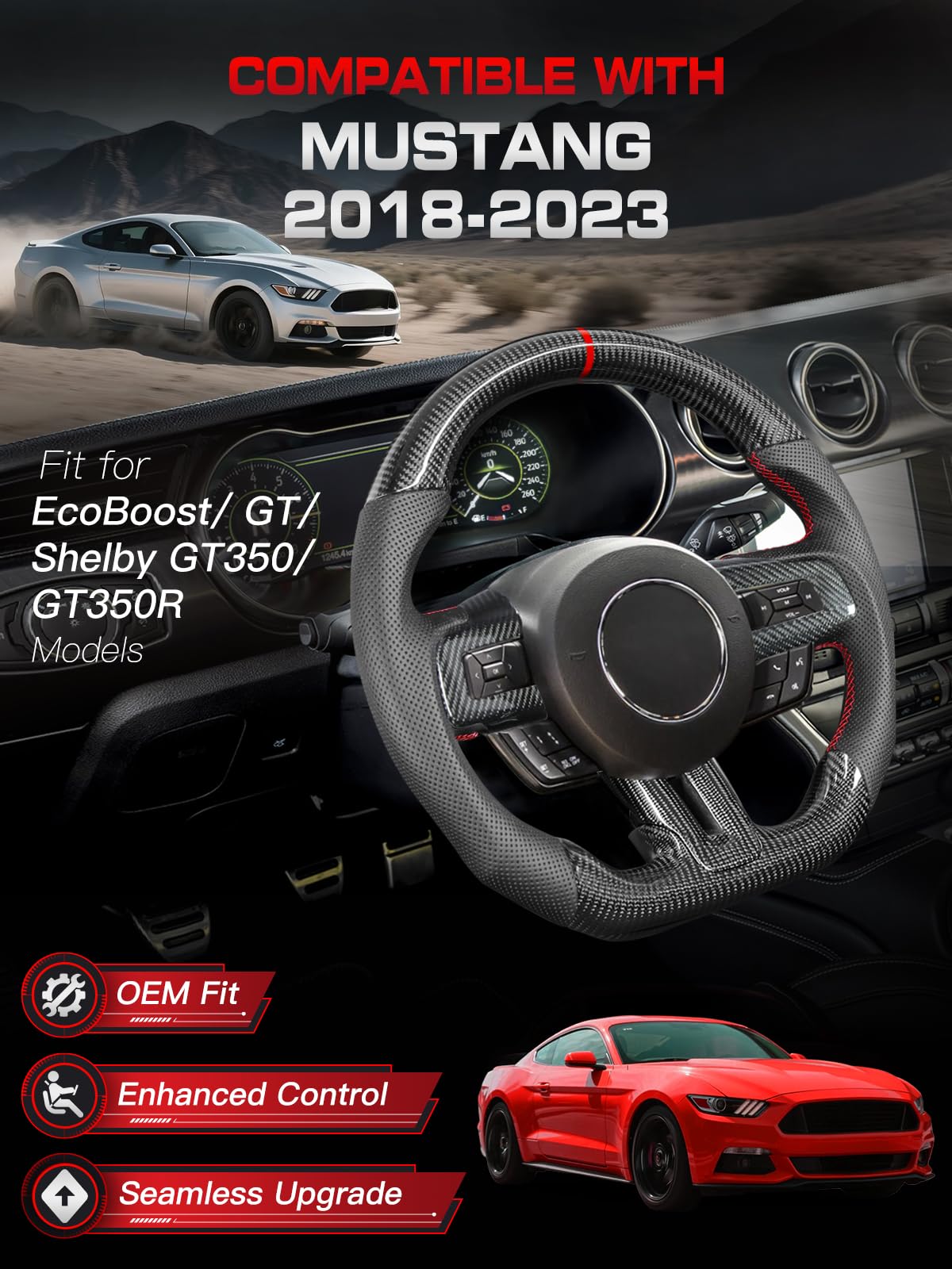 Carbon-Fiber Steering Wheel for Ford Mustang 2018–2023, Matching Decorative Trim Piece, Flat-Bottom, Black Nappa Leather with Red Stripe & Red Hand-Stitching, for EcoBoost/GT/GT350/GT350R