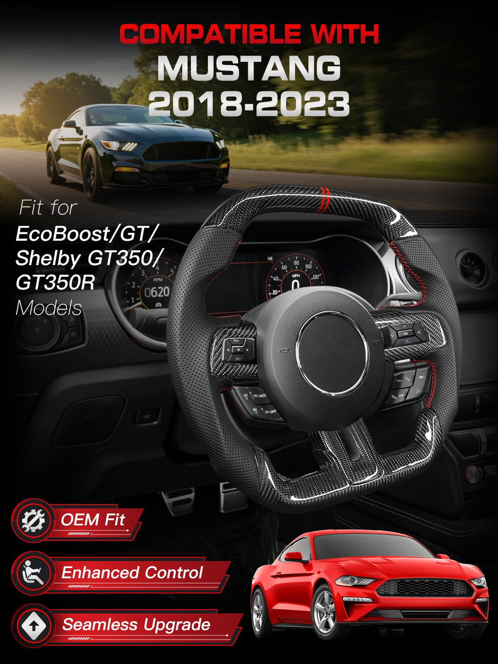 Carbon-Fiber Steering Wheel for Ford Mustang 2018–2023, Matching Decorative Trim Piece, Flat-Bottom, Black Nappa Leather with Red Stripe & Red Hand-Stitching, for EcoBoost/GT/GT350/GT350R