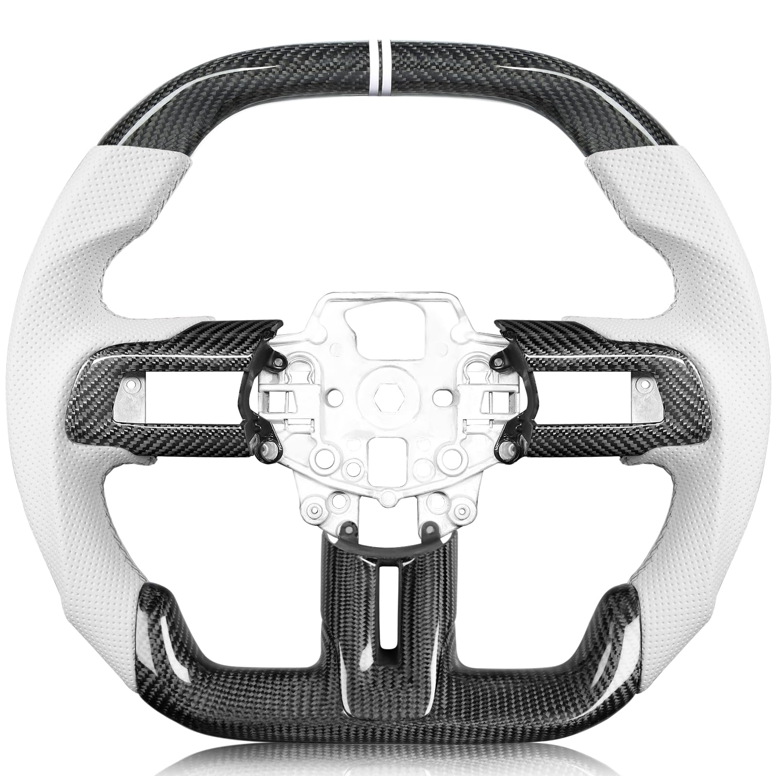 Carbon-Fiber Steering Wheel for Ford Mustang 2018–2023, Matching Decorative Trim Piece, Flat-Bottom, Black Nappa Leather with Red Stripe & Red Hand-Stitching, for EcoBoost/GT/GT350/GT350R