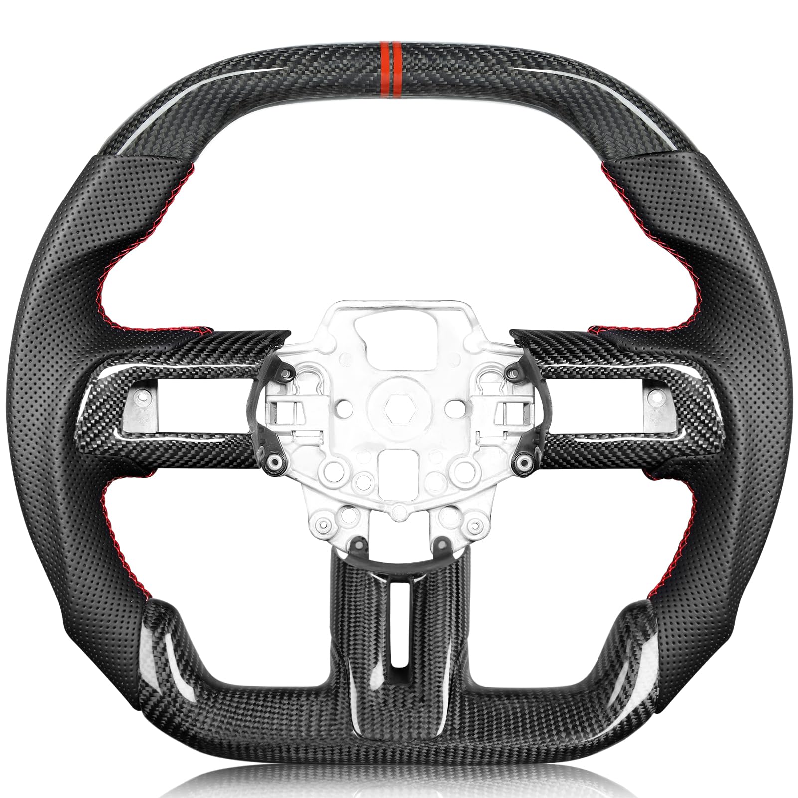 Carbon-Fiber Steering Wheel for Ford Mustang 2018–2023, Matching Decorative Trim Piece, Flat-Bottom, Black Nappa Leather with Red Stripe & Red Hand-Stitching, for EcoBoost/GT/GT350/GT350R
