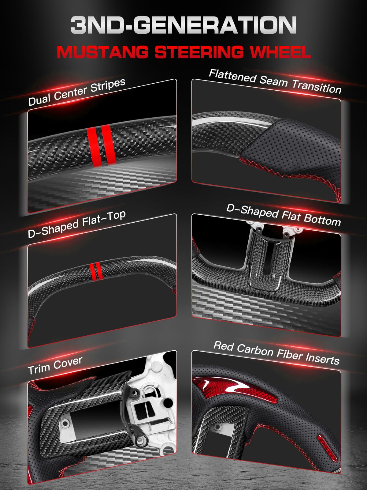 Carbon-Fiber Steering Wheel for Ford Mustang 2018–2023, Matching Decorative Trim Piece, Flat-Bottom, Black Nappa Leather with Red Stripe & Red Hand-Stitching, for EcoBoost/GT/GT350/GT350R
