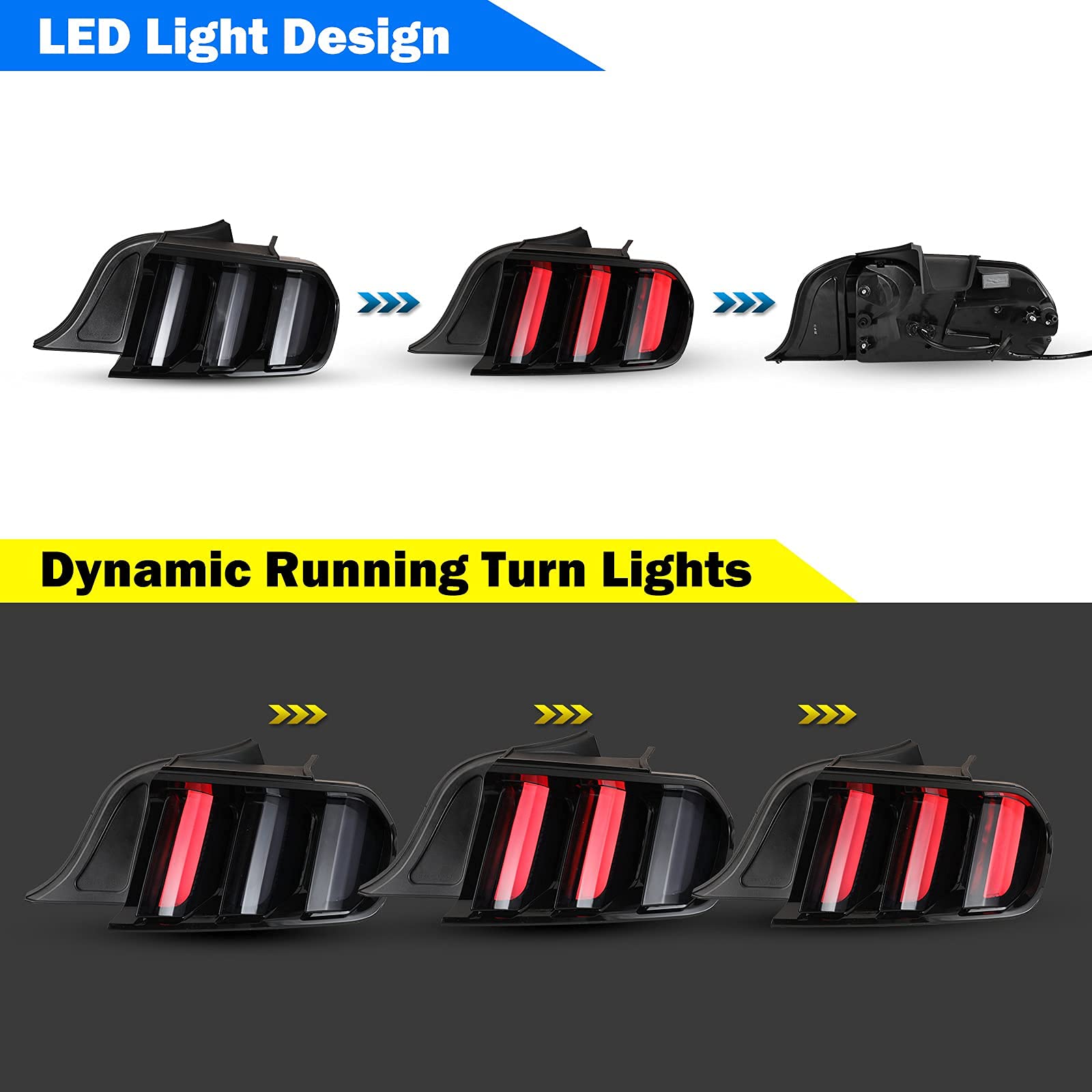 LED Tail Light for 2015-2023 Ford Mustang with Dynamic Running Turn Light Design,WOLFSORM Ford Mustang LED Tail Light Replacement Assembly,1 Pair(Smoke Lens)