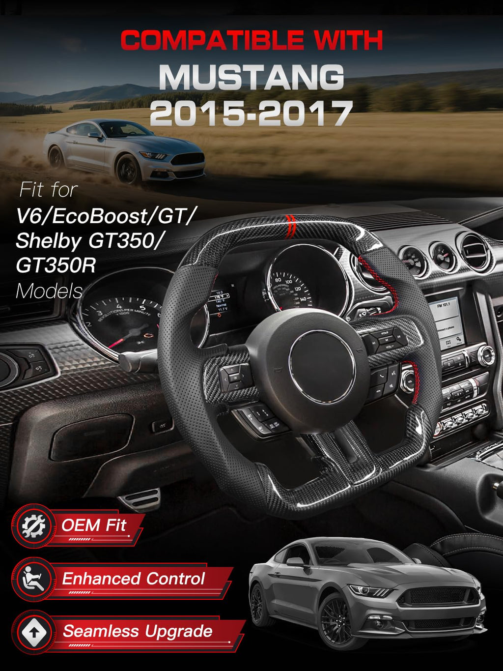 Carbon-Fiber Steering Wheel for Ford Mustang 2018–2023, Matching Decorative Trim Piece, Flat-Bottom, Black Nappa Leather with Red Stripe & Red Hand-Stitching, for EcoBoost/GT/GT350/GT350R