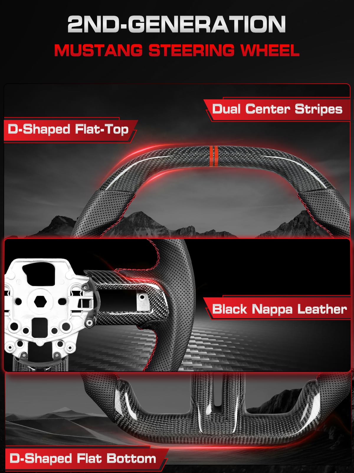 Carbon-Fiber Steering Wheel for Ford Mustang 2018–2023, Matching Decorative Trim Piece, Flat-Bottom, Black Nappa Leather with Red Stripe & Red Hand-Stitching, for EcoBoost/GT/GT350/GT350R