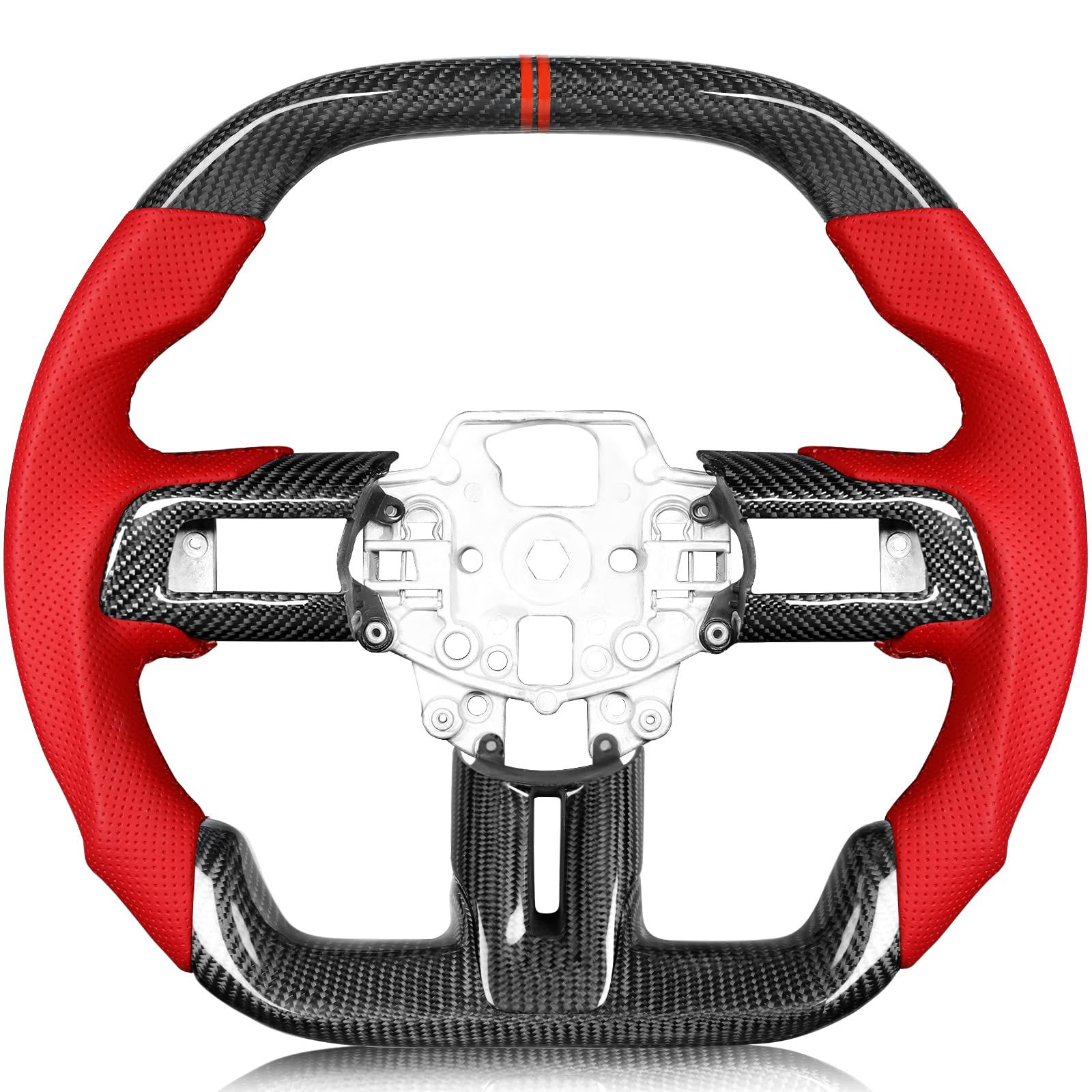 Carbon-Fiber Steering Wheel for Ford Mustang 2018–2023, Matching Decorative Trim Piece, Flat-Bottom, Black Nappa Leather with Red Stripe & Red Hand-Stitching, for EcoBoost/GT/GT350/GT350R