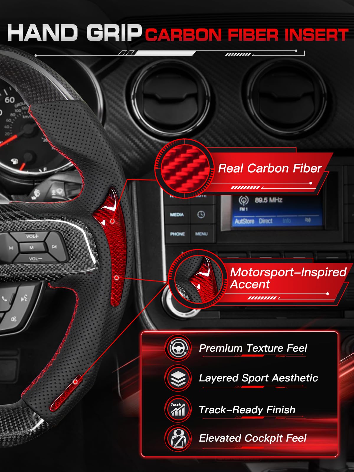 Carbon-Fiber Steering Wheel for Ford Mustang 2018–2023, Matching Decorative Trim Piece, Flat-Bottom, Black Nappa Leather with Red Stripe & Red Hand-Stitching, for EcoBoost/GT/GT350/GT350R