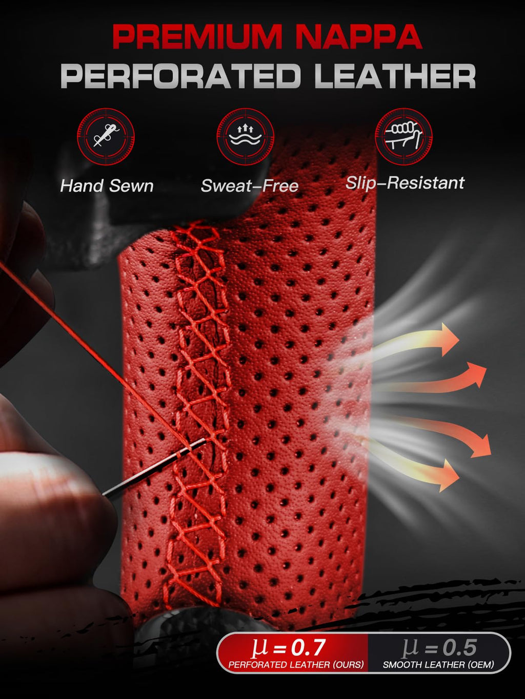 Carbon-Fiber Steering Wheel for Ford Mustang 2018–2023, Matching Decorative Trim Piece, Flat-Bottom, Black Nappa Leather with Red Stripe & Red Hand-Stitching, for EcoBoost/GT/GT350/GT350R