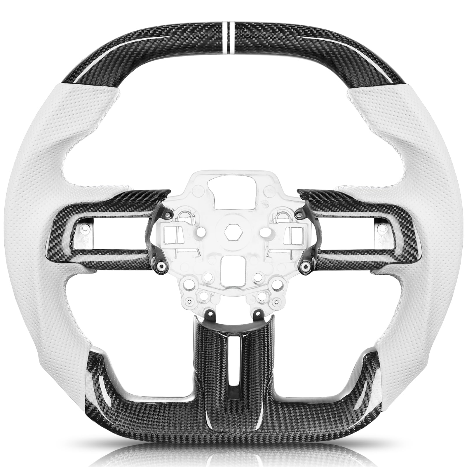 Carbon-Fiber Steering Wheel for Ford Mustang 2018–2023, Matching Decorative Trim Piece, Flat-Bottom, Black Nappa Leather with Red Stripe & Red Hand-Stitching, for EcoBoost/GT/GT350/GT350R