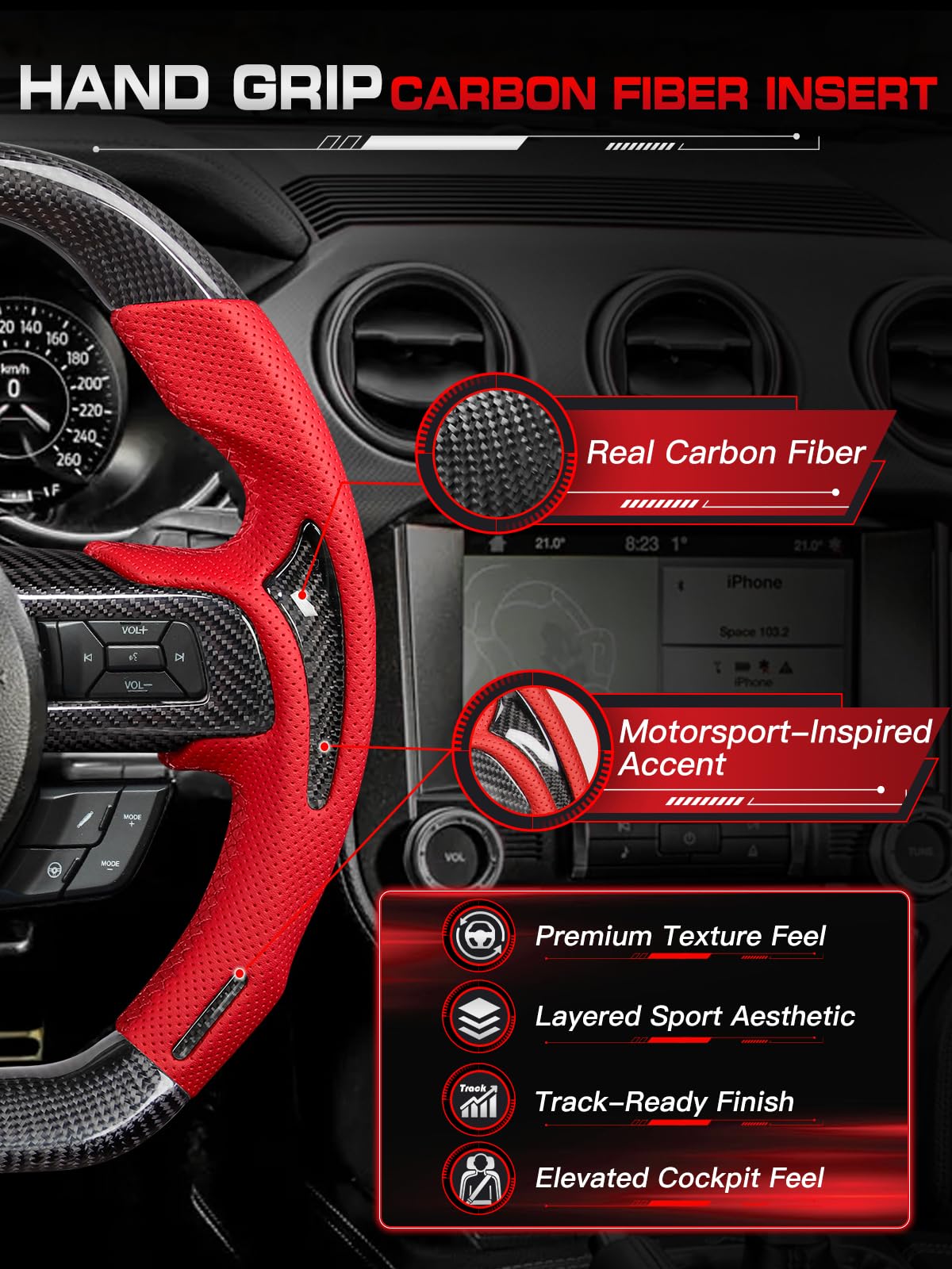 Carbon-Fiber Steering Wheel for Ford Mustang 2018–2023, Matching Decorative Trim Piece, Flat-Bottom, Black Nappa Leather with Red Stripe & Red Hand-Stitching, for EcoBoost/GT/GT350/GT350R