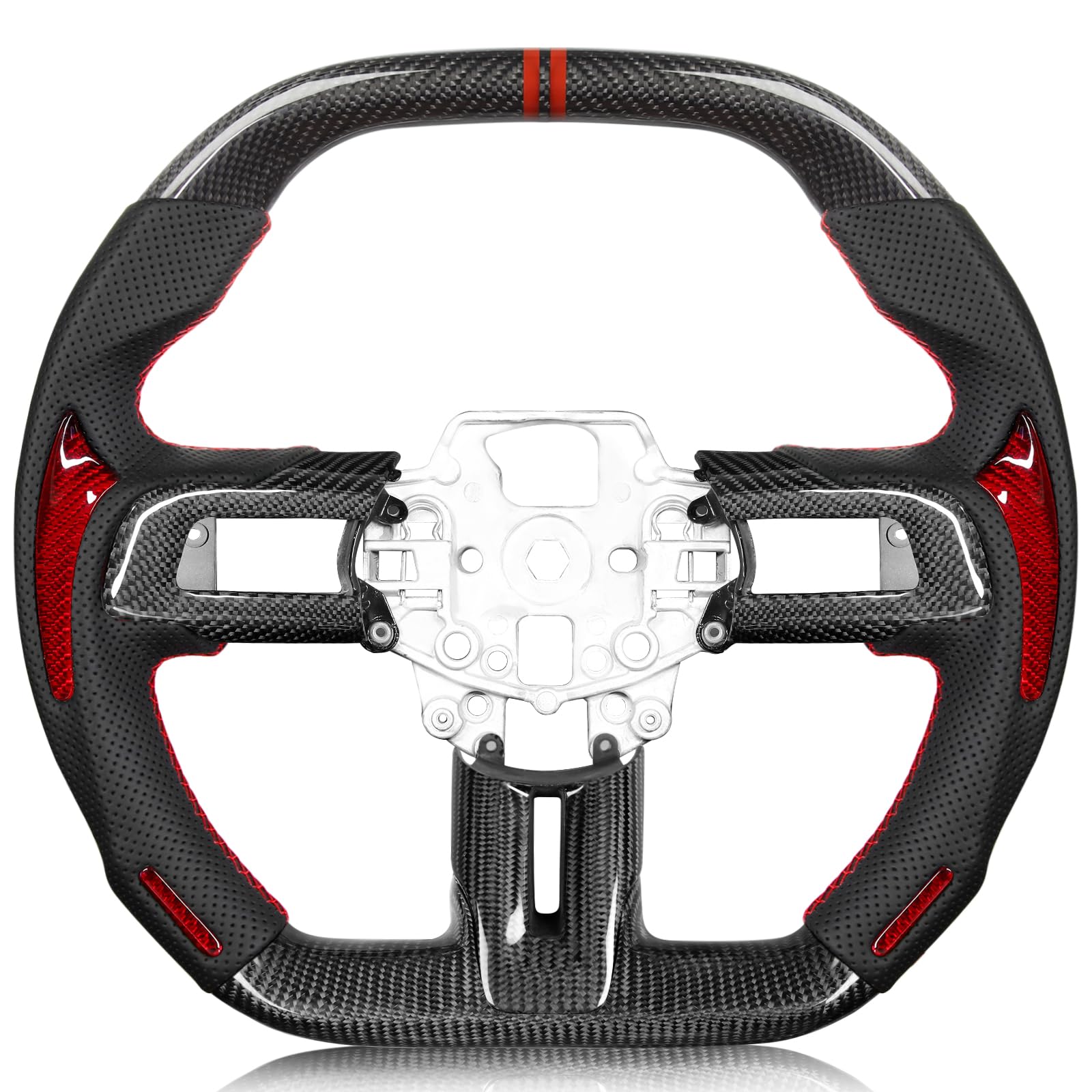 Carbon-Fiber Steering Wheel for Ford Mustang 2018–2023, Matching Decorative Trim Piece, Flat-Bottom, Black Nappa Leather with Red Stripe & Red Hand-Stitching, for EcoBoost/GT/GT350/GT350R