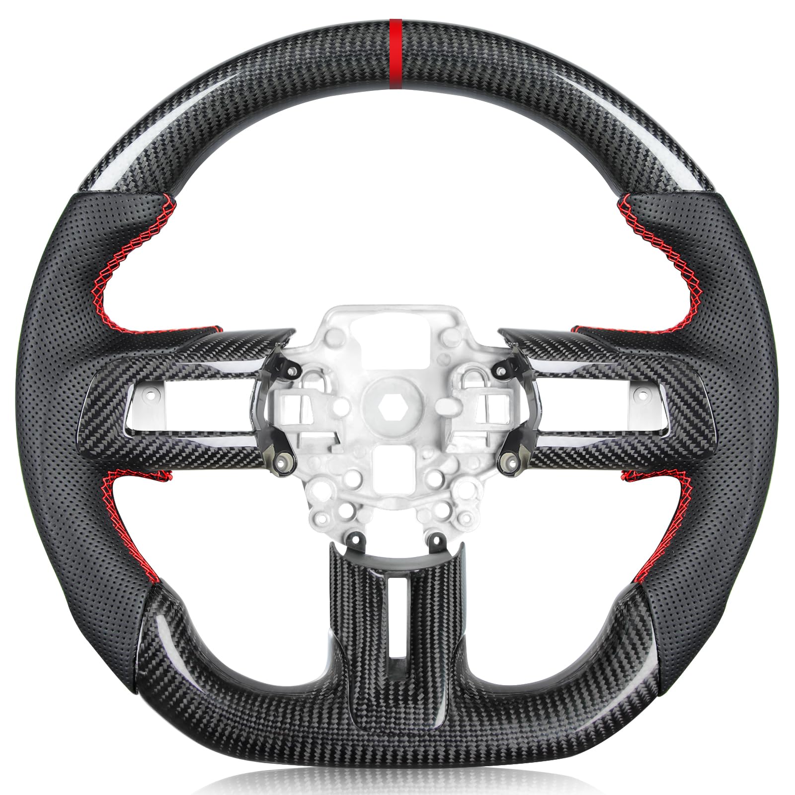 Carbon-Fiber Steering Wheel for Ford Mustang 2018–2023, Matching Decorative Trim Piece, Flat-Bottom, Black Nappa Leather with Red Stripe & Red Hand-Stitching, for EcoBoost/GT/GT350/GT350R