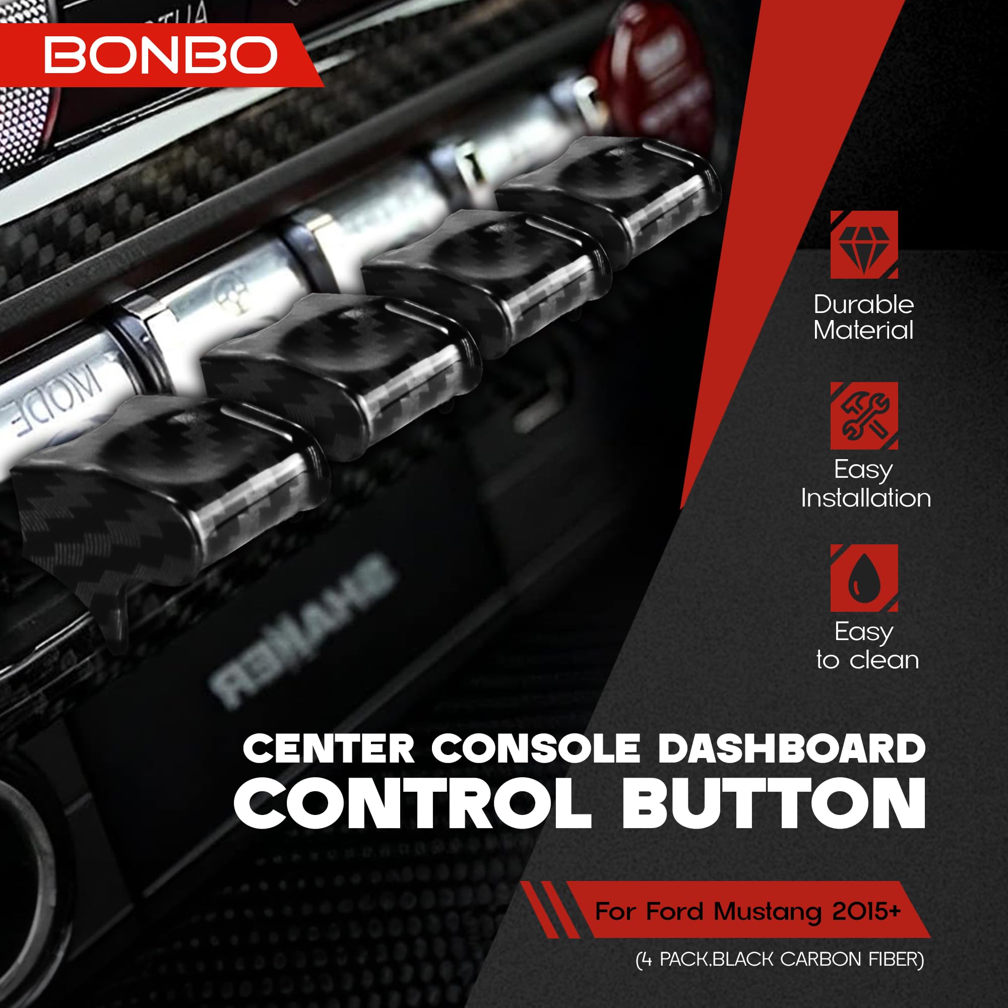 Center Console Dashboard Control Button Cover Trim Interior Accessories for Ford Mustang 2015-2022(4 Pack, Red)