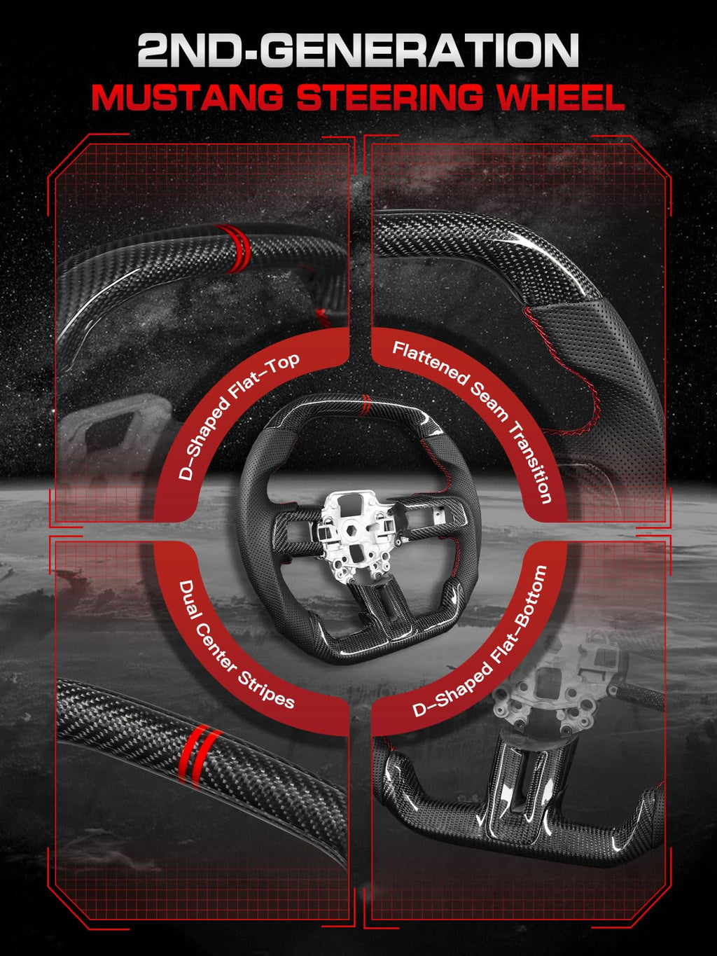 Carbon-Fiber Steering Wheel for Ford Mustang 2018–2023, Matching Decorative Trim Piece, Flat-Bottom, Black Nappa Leather with Red Stripe & Red Hand-Stitching, for EcoBoost/GT/GT350/GT350R