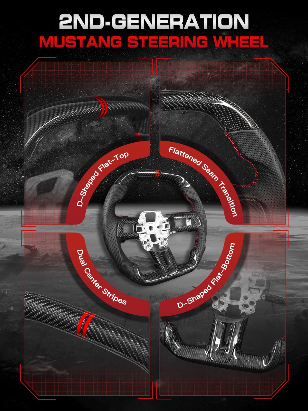 Carbon-Fiber Steering Wheel for Ford Mustang 2018–2023, Matching Decorative Trim Piece, Flat-Bottom, Black Nappa Leather with Red Stripe & Red Hand-Stitching, for EcoBoost/GT/GT350/GT350R