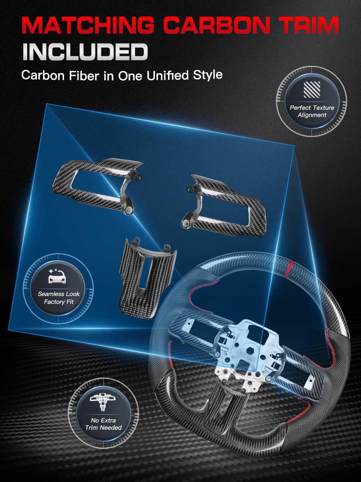 Carbon-Fiber Steering Wheel for Ford Mustang 2018–2023, Matching Decorative Trim Piece, Flat-Bottom, Black Nappa Leather with Red Stripe & Red Hand-Stitching, for EcoBoost/GT/GT350/GT350R