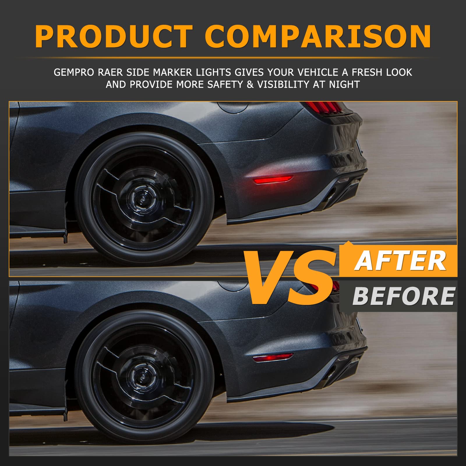 Gempro LED Side Marker Lights for Ford Mustang 2015-2023 Rear White Fender Marker Reflectors Lamps Smoked Len, 2PCS