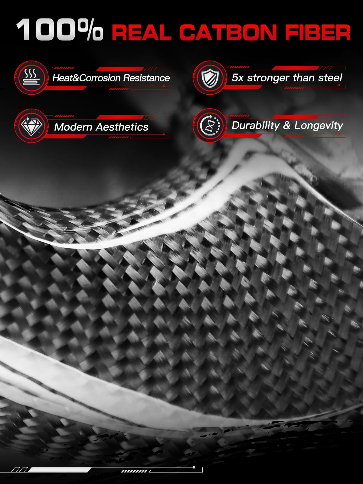 Carbon-Fiber Steering Wheel for Ford Mustang 2018–2023, Matching Decorative Trim Piece, Flat-Bottom, Black Nappa Leather with Red Stripe & Red Hand-Stitching, for EcoBoost/GT/GT350/GT350R