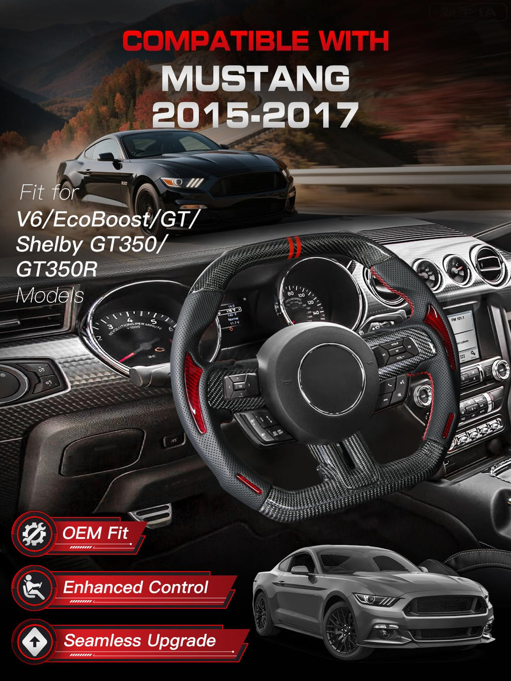 Carbon-Fiber Steering Wheel for Ford Mustang 2018–2023, Matching Decorative Trim Piece, Flat-Bottom, Black Nappa Leather with Red Stripe & Red Hand-Stitching, for EcoBoost/GT/GT350/GT350R