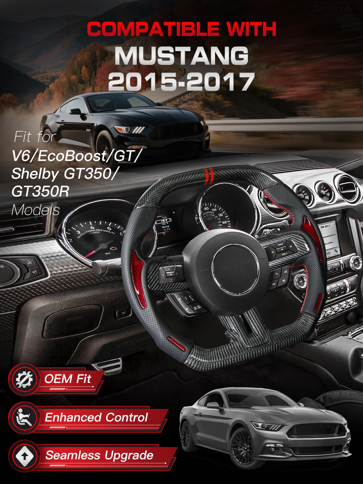 Carbon-Fiber Steering Wheel for Ford Mustang 2018–2023, Matching Decorative Trim Piece, Flat-Bottom, Black Nappa Leather with Red Stripe & Red Hand-Stitching, for EcoBoost/GT/GT350/GT350R