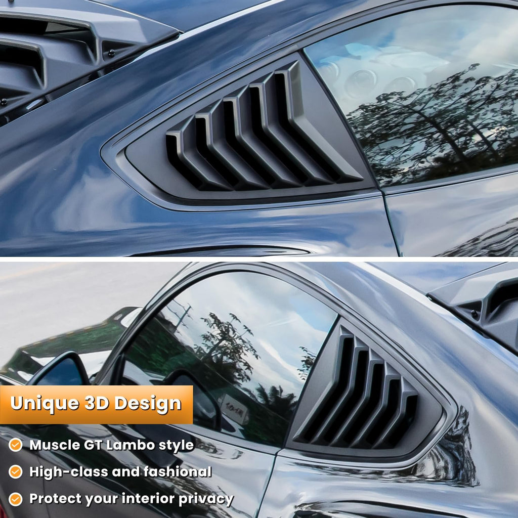 Side Window Louvers for Ford Mustang 2015 2016 2017 2018 2019 2020 2021 2022 2023 Windshield Sun Shade Cover Vent GT Lambo Style Custom Fit All Weather ABS (Matte Black)