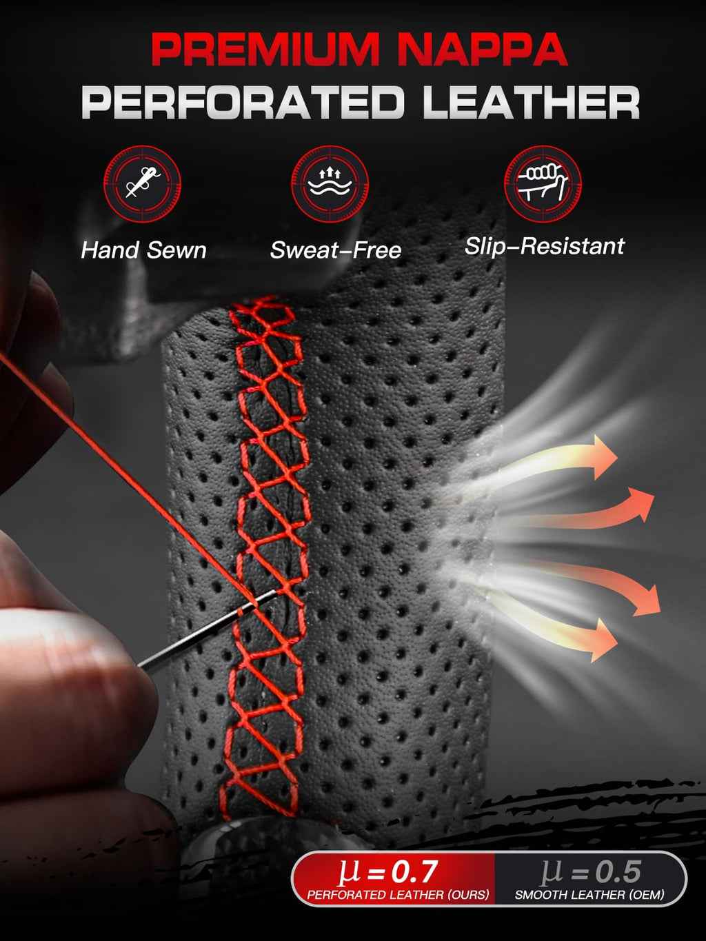 Carbon-Fiber Steering Wheel for Ford Mustang 2018–2023, Matching Decorative Trim Piece, Flat-Bottom, Black Nappa Leather with Red Stripe & Red Hand-Stitching, for EcoBoost/GT/GT350/GT350R