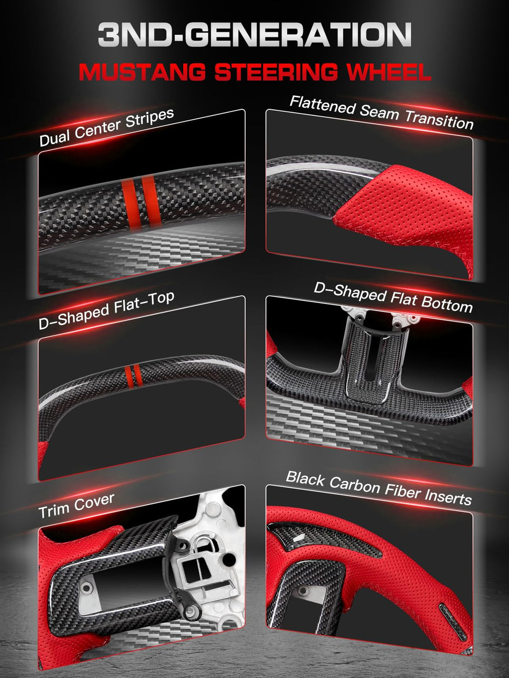 Carbon-Fiber Steering Wheel for Ford Mustang 2018–2023, Matching Decorative Trim Piece, Flat-Bottom, Black Nappa Leather with Red Stripe & Red Hand-Stitching, for EcoBoost/GT/GT350/GT350R