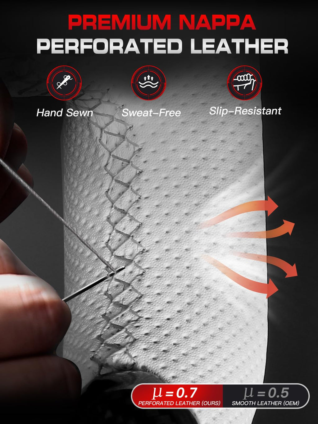 Carbon-Fiber Steering Wheel for Ford Mustang 2018–2023, Matching Decorative Trim Piece, Flat-Bottom, Black Nappa Leather with Red Stripe & Red Hand-Stitching, for EcoBoost/GT/GT350/GT350R