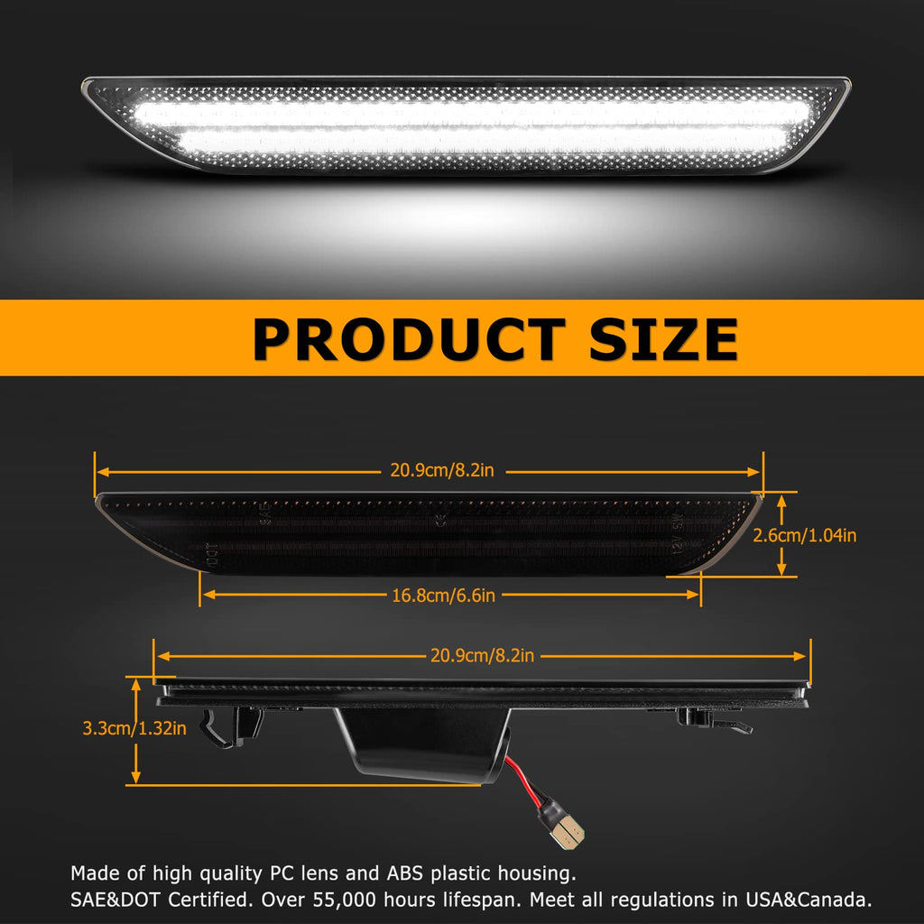 Gempro LED Side Marker Lights for Ford Mustang 2015-2023 Rear White Fender Marker Reflectors Lamps Smoked Len, 2PCS