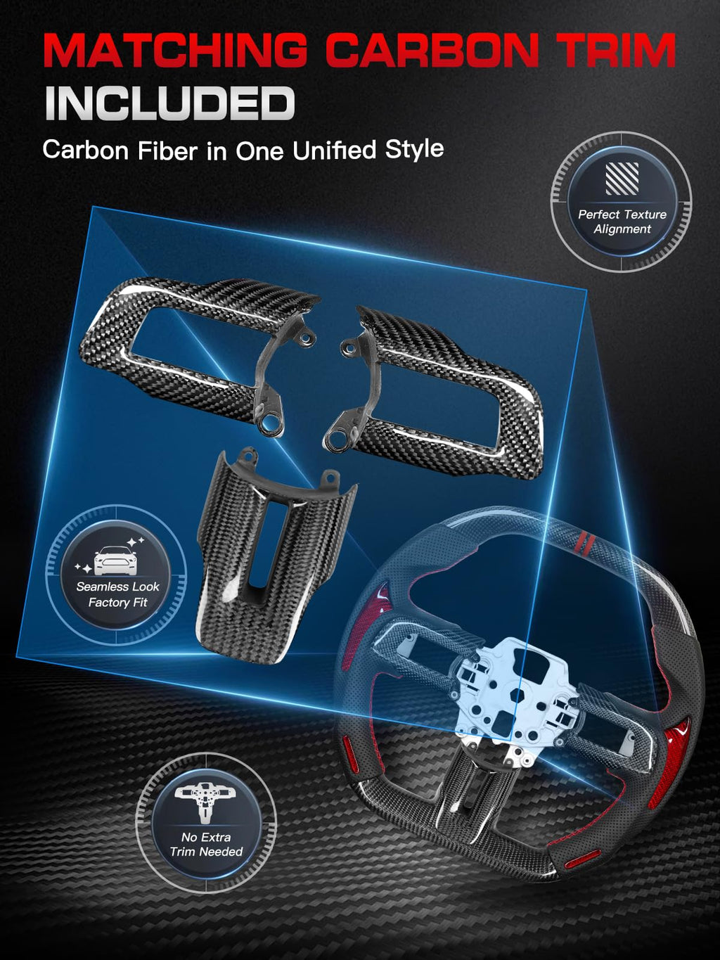 Carbon-Fiber Steering Wheel for Ford Mustang 2018–2023, Matching Decorative Trim Piece, Flat-Bottom, Black Nappa Leather with Red Stripe & Red Hand-Stitching, for EcoBoost/GT/GT350/GT350R