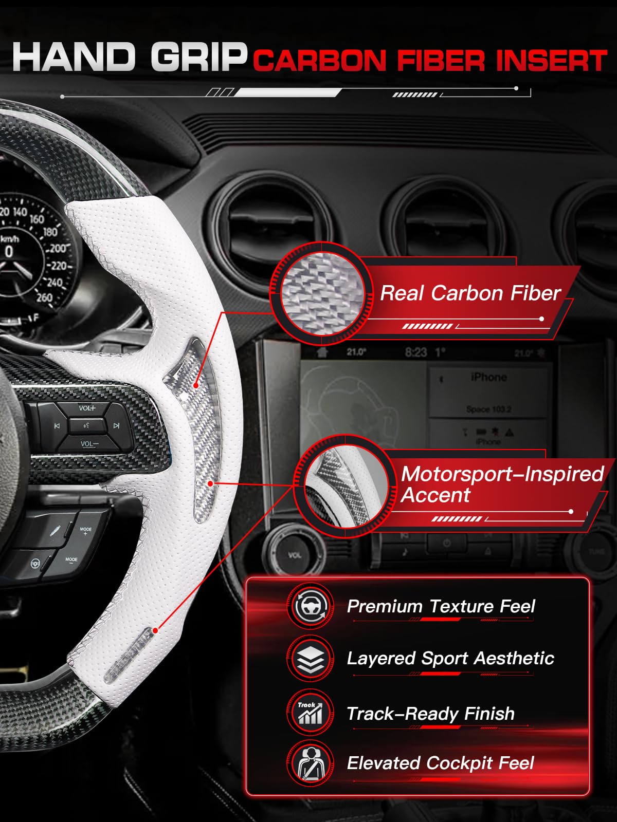 Carbon-Fiber Steering Wheel for Ford Mustang 2018–2023, Matching Decorative Trim Piece, Flat-Bottom, Black Nappa Leather with Red Stripe & Red Hand-Stitching, for EcoBoost/GT/GT350/GT350R