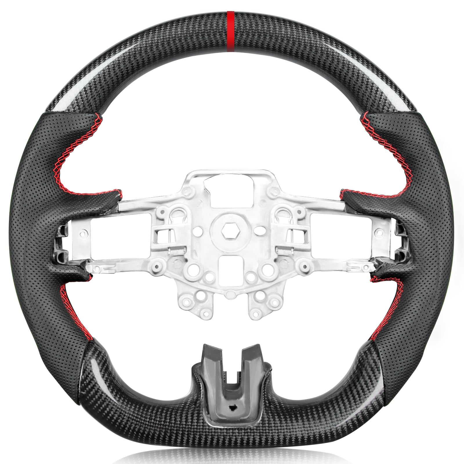 Carbon-Fiber Steering Wheel for Ford Mustang 2018–2023, Matching Decorative Trim Piece, Flat-Bottom, Black Nappa Leather with Red Stripe & Red Hand-Stitching, for EcoBoost/GT/GT350/GT350R