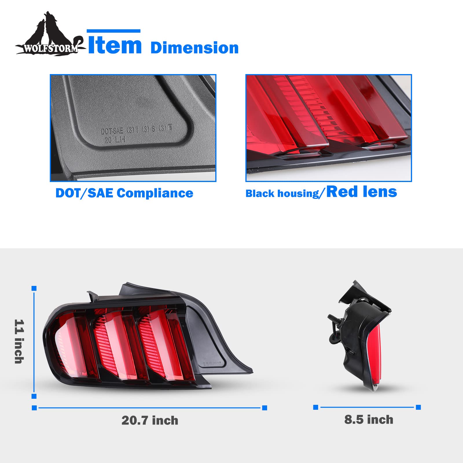 LED Tail Light for 2015-2023 Ford Mustang with Dynamic Running Turn Light Design,WOLFSORM Ford Mustang LED Tail Light Replacement Assembly,1 Pair(Smoke Lens)