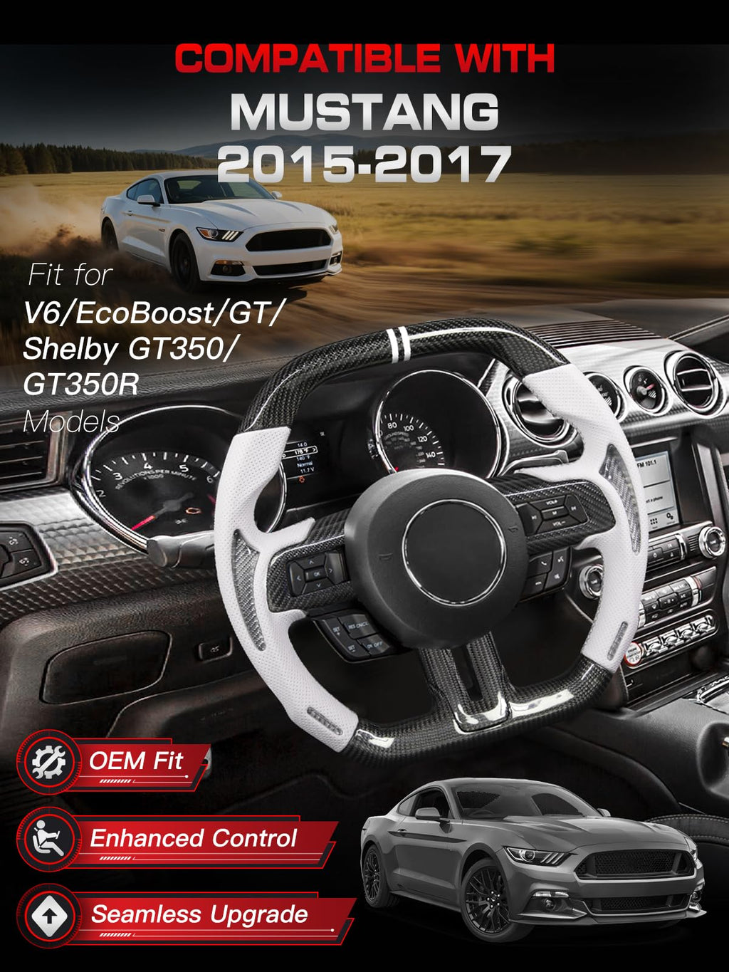 Carbon-Fiber Steering Wheel for Ford Mustang 2018–2023, Matching Decorative Trim Piece, Flat-Bottom, Black Nappa Leather with Red Stripe & Red Hand-Stitching, for EcoBoost/GT/GT350/GT350R