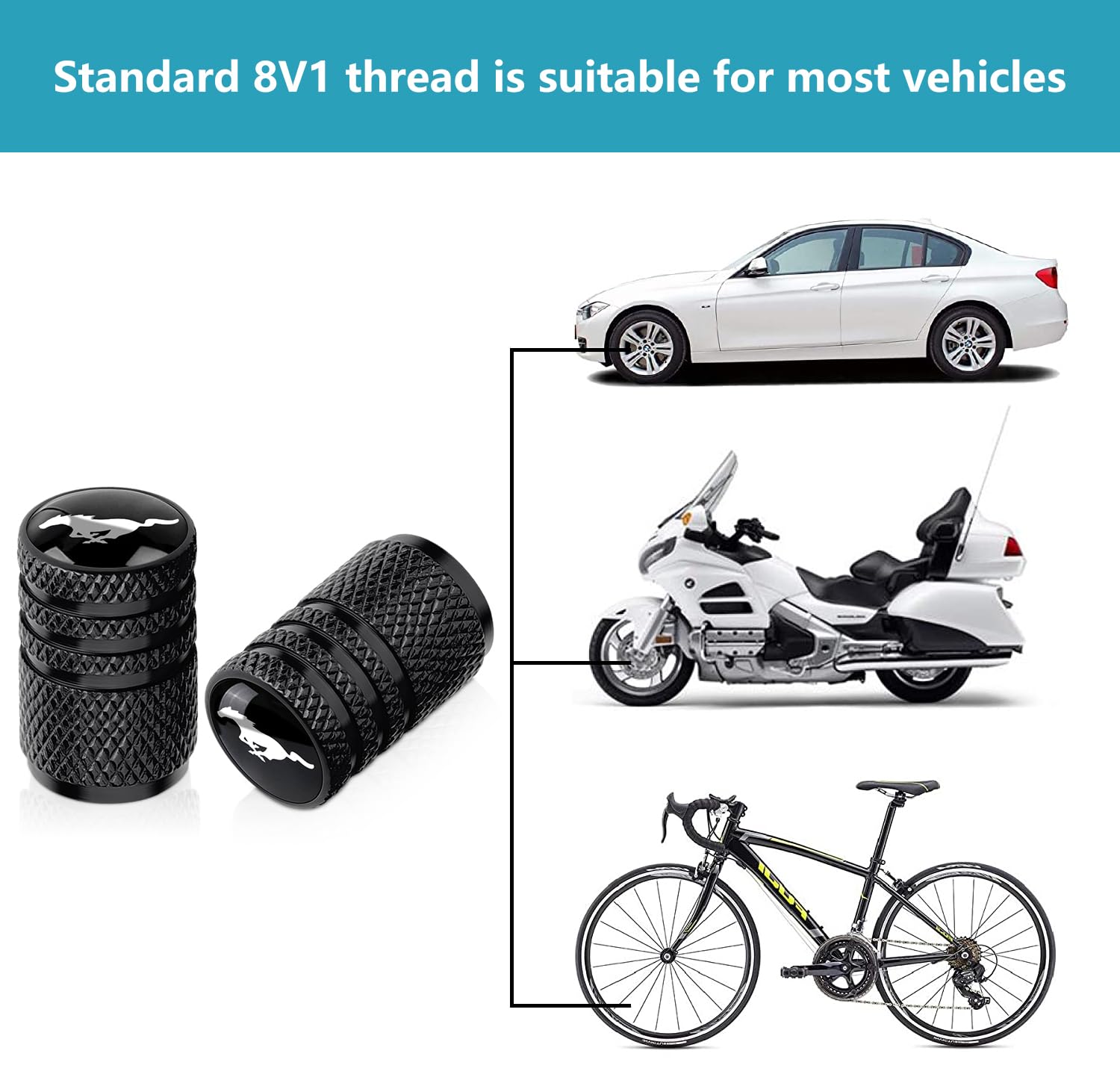 Tire Valve Stem Caps for Ford Mustang Metal Car Wheel Air caps Auto Valve Stem Caps Accessories 4 Pcs Black