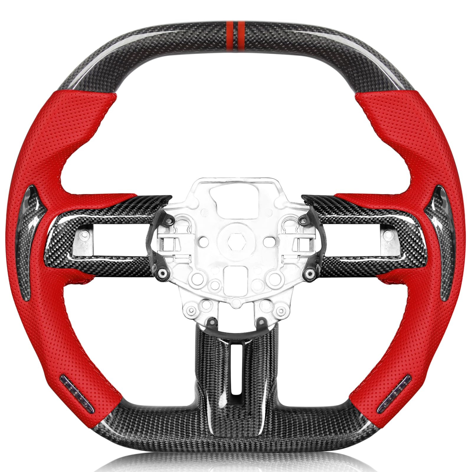 Carbon-Fiber Steering Wheel for Ford Mustang 2018–2023, Matching Decorative Trim Piece, Flat-Bottom, Black Nappa Leather with Red Stripe & Red Hand-Stitching, for EcoBoost/GT/GT350/GT350R