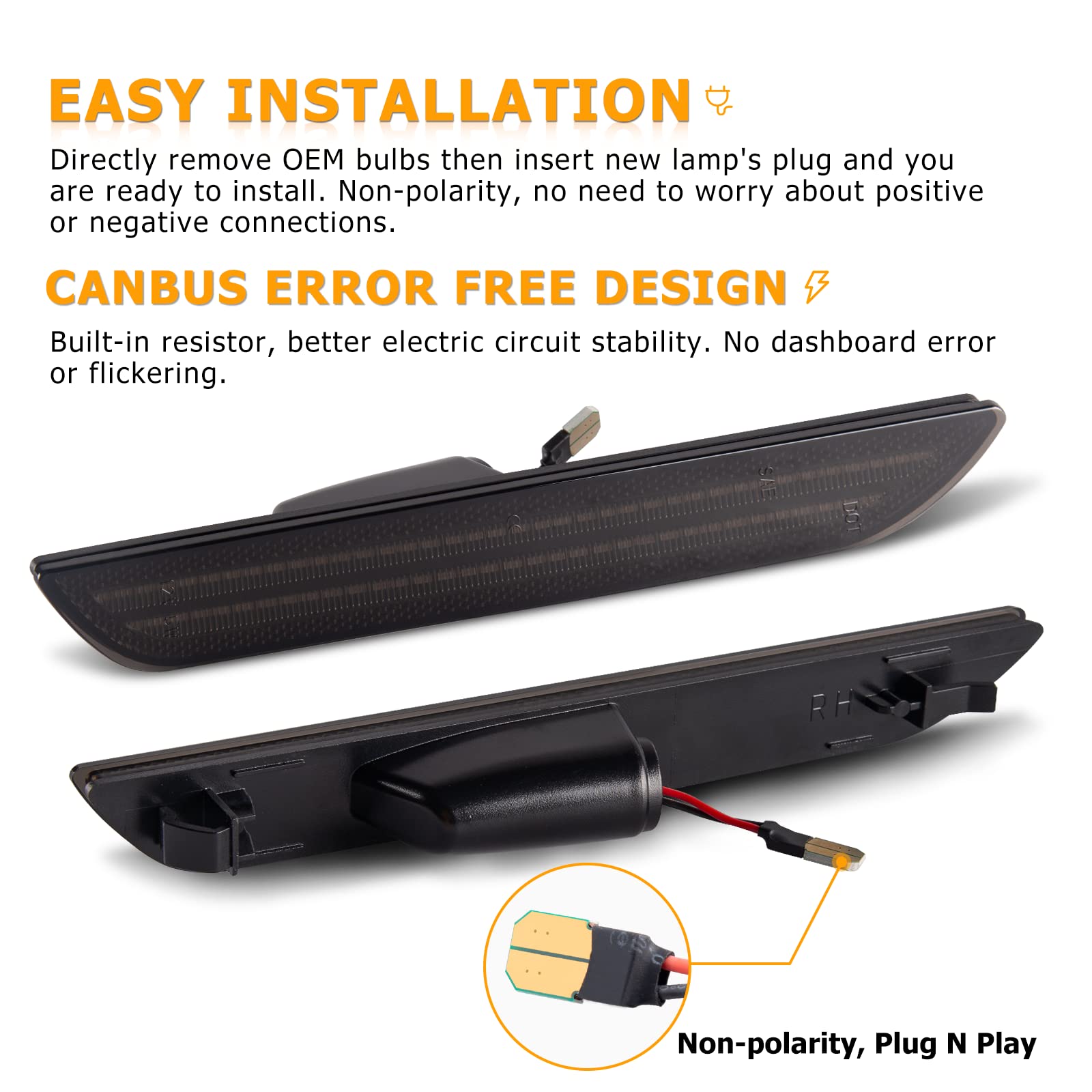 Gempro LED Side Marker Lights for Ford Mustang 2015-2023 Rear White Fender Marker Reflectors Lamps Smoked Len, 2PCS