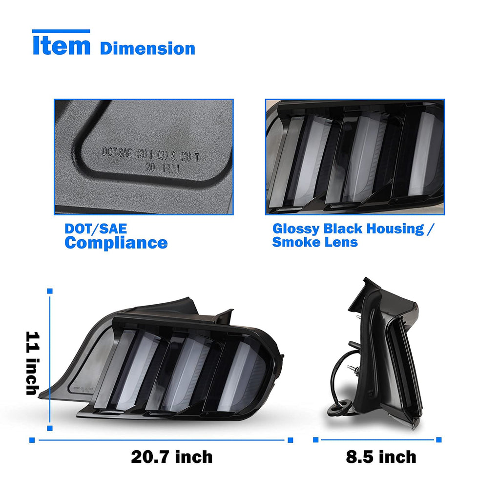 LED Tail Light for 2015-2023 Ford Mustang with Dynamic Running Turn Light Design,WOLFSORM Ford Mustang LED Tail Light Replacement Assembly,1 Pair(Smoke Lens)