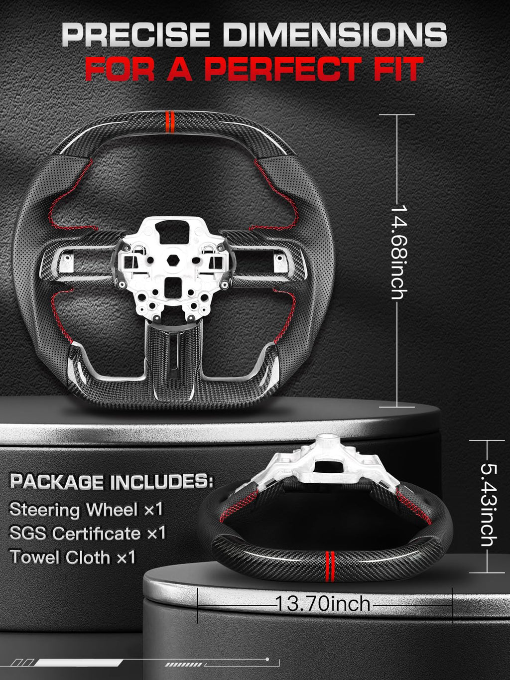 Carbon-Fiber Steering Wheel for Ford Mustang 2018–2023, Matching Decorative Trim Piece, Flat-Bottom, Black Nappa Leather with Red Stripe & Red Hand-Stitching, for EcoBoost/GT/GT350/GT350R