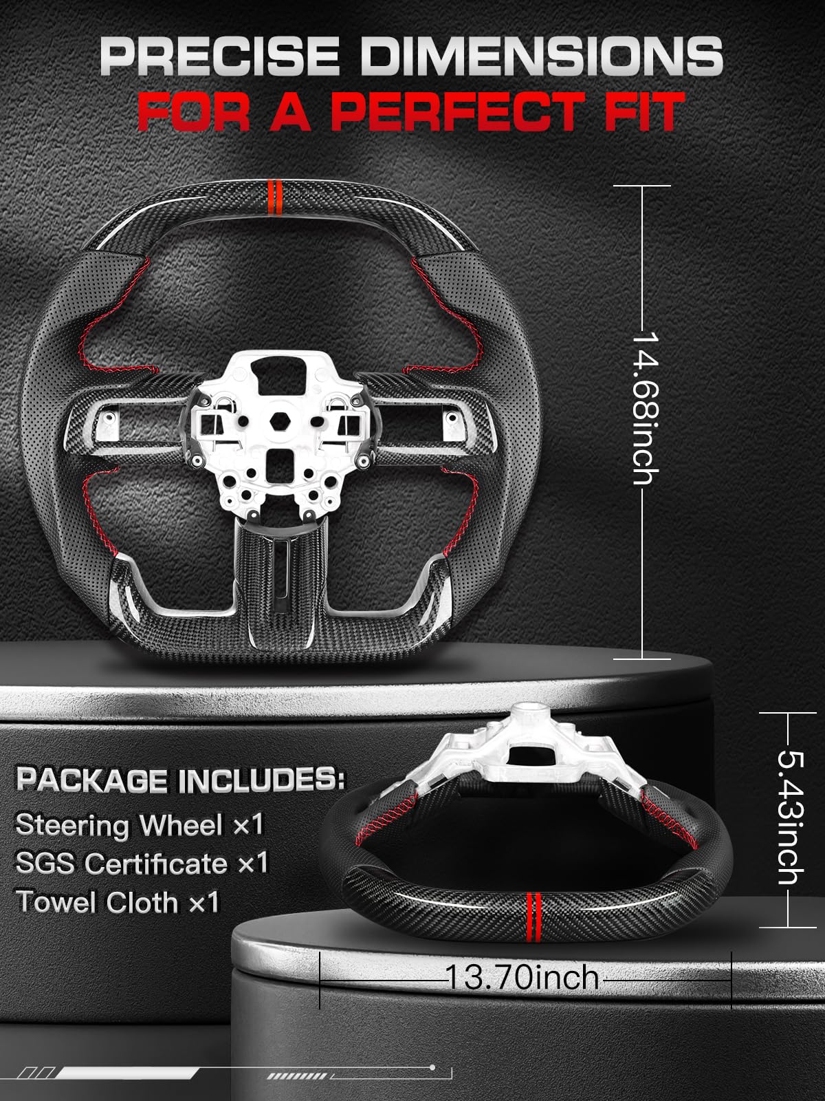 Carbon-Fiber Steering Wheel for Ford Mustang 2018–2023, Matching Decorative Trim Piece, Flat-Bottom, Black Nappa Leather with Red Stripe & Red Hand-Stitching, for EcoBoost/GT/GT350/GT350R