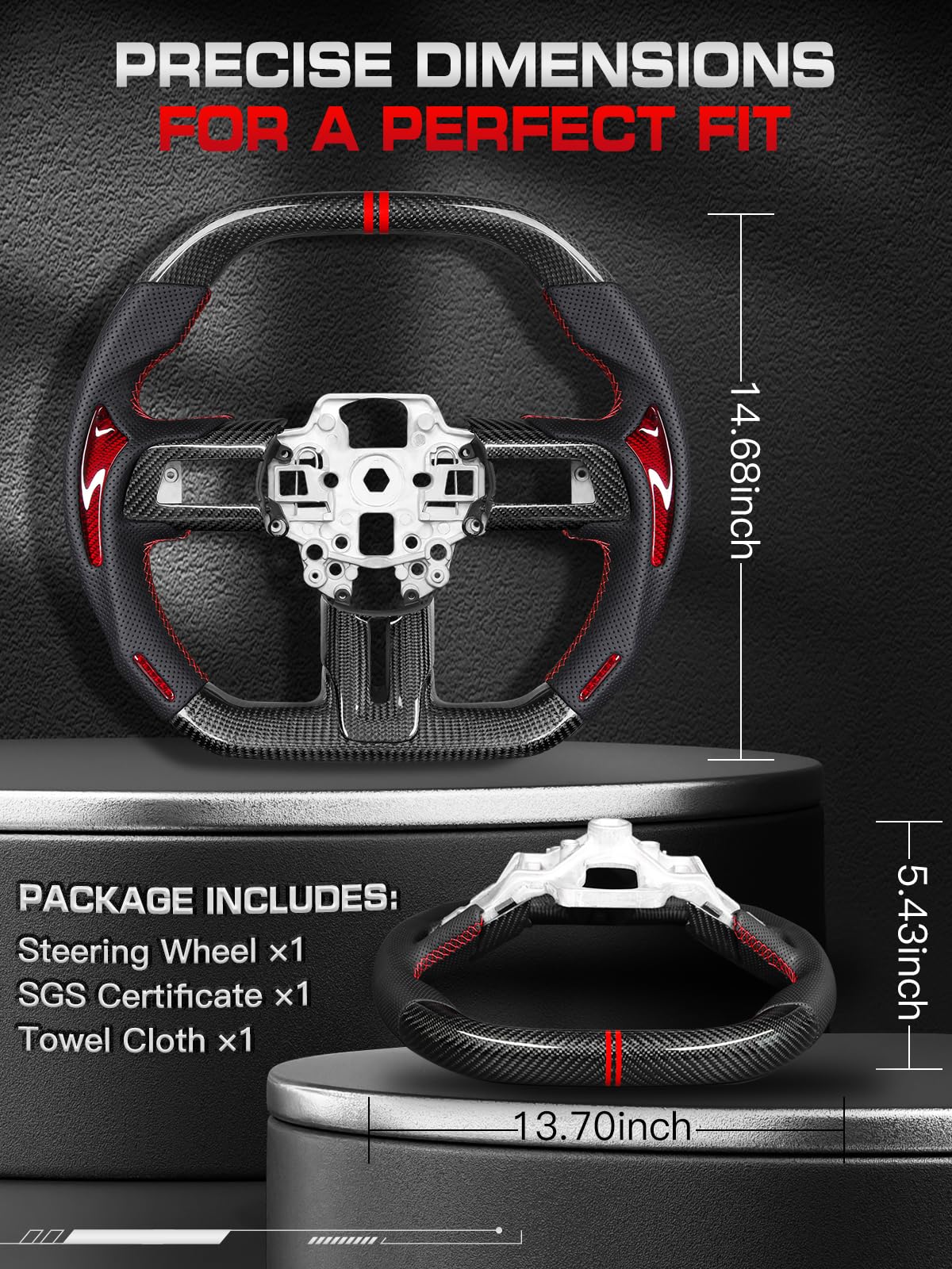 Carbon-Fiber Steering Wheel for Ford Mustang 2018–2023, Matching Decorative Trim Piece, Flat-Bottom, Black Nappa Leather with Red Stripe & Red Hand-Stitching, for EcoBoost/GT/GT350/GT350R