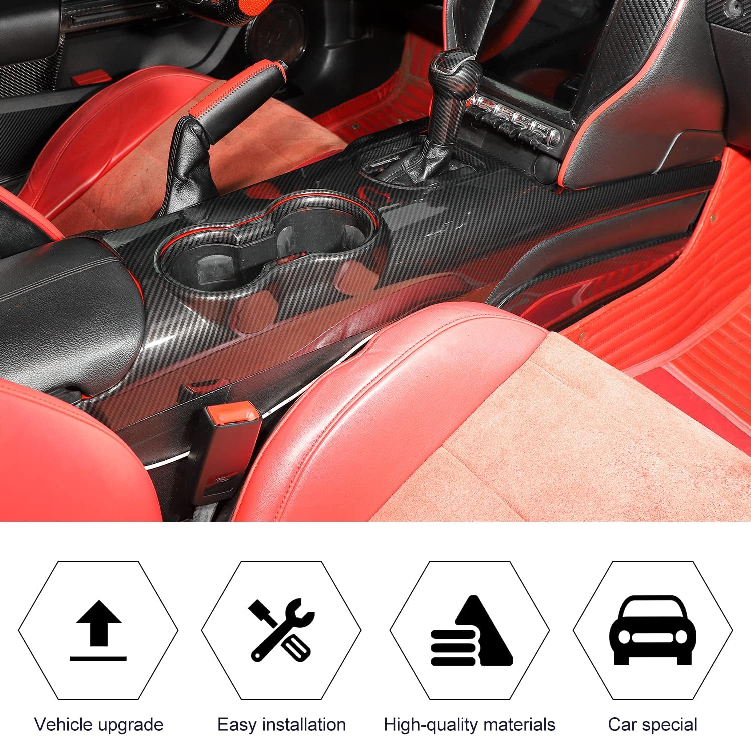 RT-TCZ Carbon Fiber Center Console Gear Shift Panel Trim Cover Cup Holder Frame Interior Decoration Kit Accessories for Ford Mustang 2015-2022