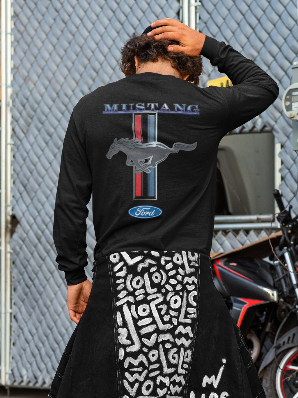 Ford Mustang Pony Racing Stripe 5.0 Muscle Cars Long Sleeve T-Shirt Front Back Print