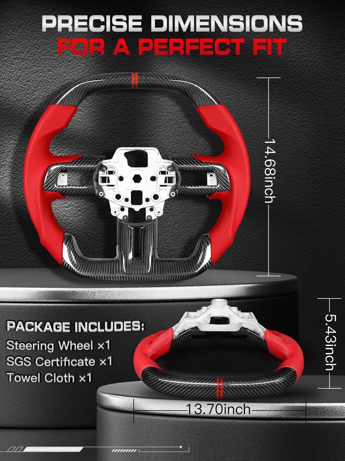 Carbon-Fiber Steering Wheel for Ford Mustang 2018–2023, Matching Decorative Trim Piece, Flat-Bottom, Black Nappa Leather with Red Stripe & Red Hand-Stitching, for EcoBoost/GT/GT350/GT350R