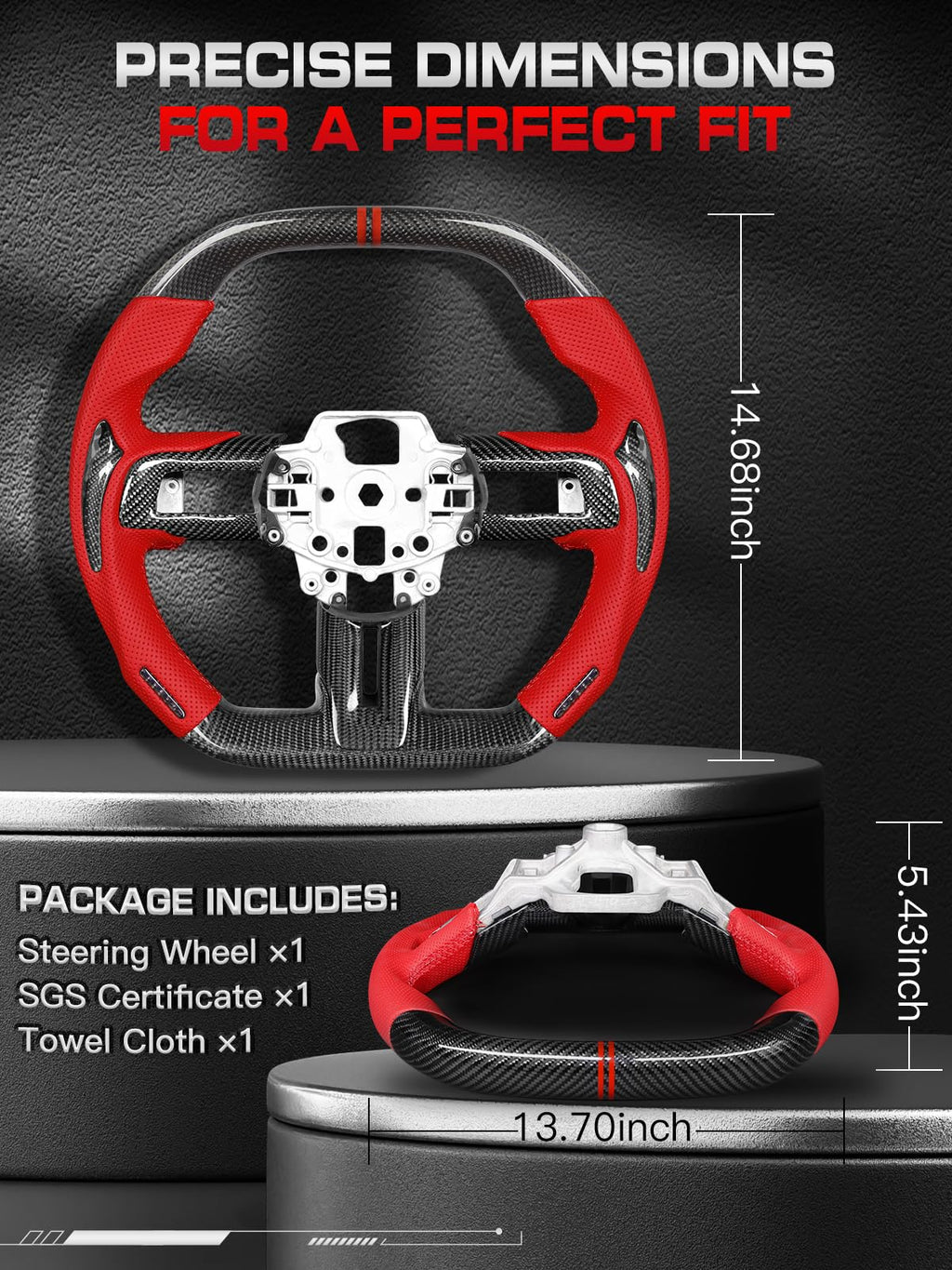 Carbon-Fiber Steering Wheel for Ford Mustang 2018–2023, Matching Decorative Trim Piece, Flat-Bottom, Black Nappa Leather with Red Stripe & Red Hand-Stitching, for EcoBoost/GT/GT350/GT350R