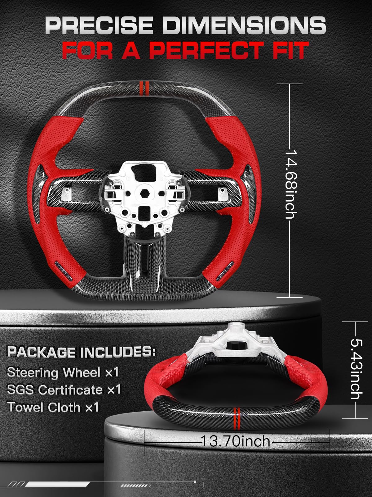 Carbon-Fiber Steering Wheel for Ford Mustang 2018–2023, Matching Decorative Trim Piece, Flat-Bottom, Black Nappa Leather with Red Stripe & Red Hand-Stitching, for EcoBoost/GT/GT350/GT350R