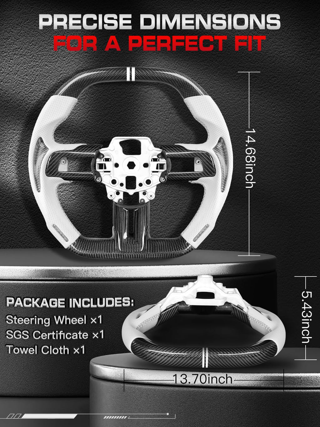 Carbon-Fiber Steering Wheel for Ford Mustang 2018–2023, Matching Decorative Trim Piece, Flat-Bottom, Black Nappa Leather with Red Stripe & Red Hand-Stitching, for EcoBoost/GT/GT350/GT350R